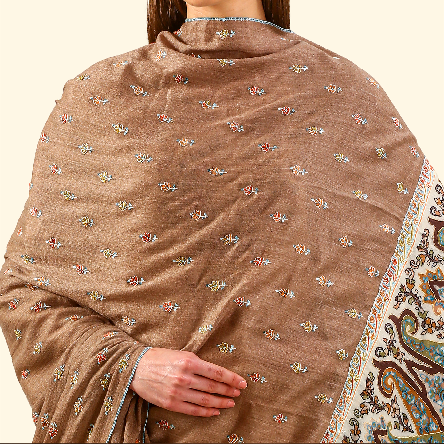 Cashmere Wool Sozni Embroidery Shawl - Ivory