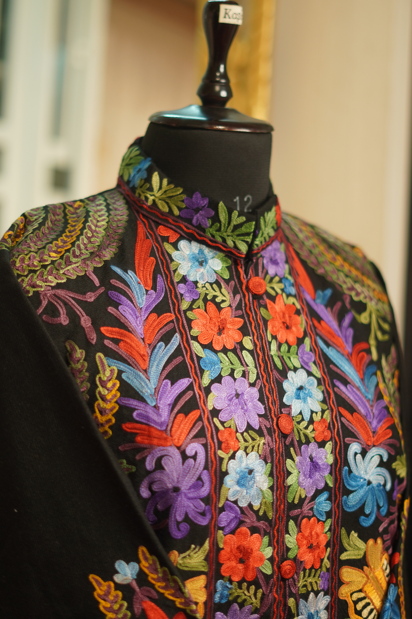 Black Lambs Wool Aari Embroidered Long Jacket