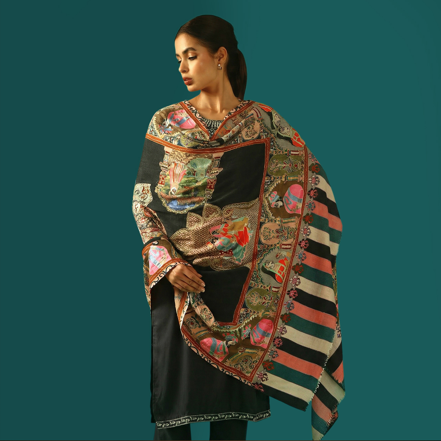 Cashmere Wool Kalamkari Intricate Embroidery Shawl - Gold