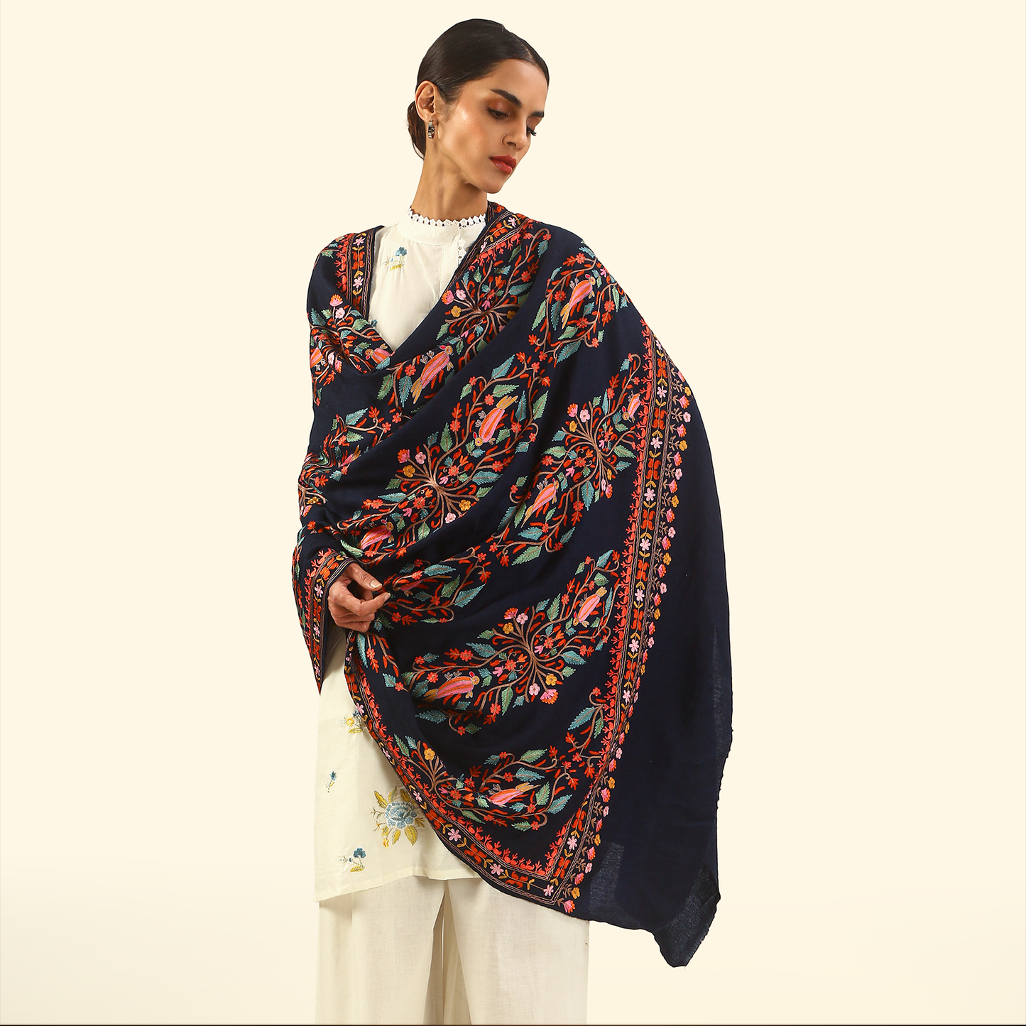Handmade Kalamkari Shawl - Navy Blue Base