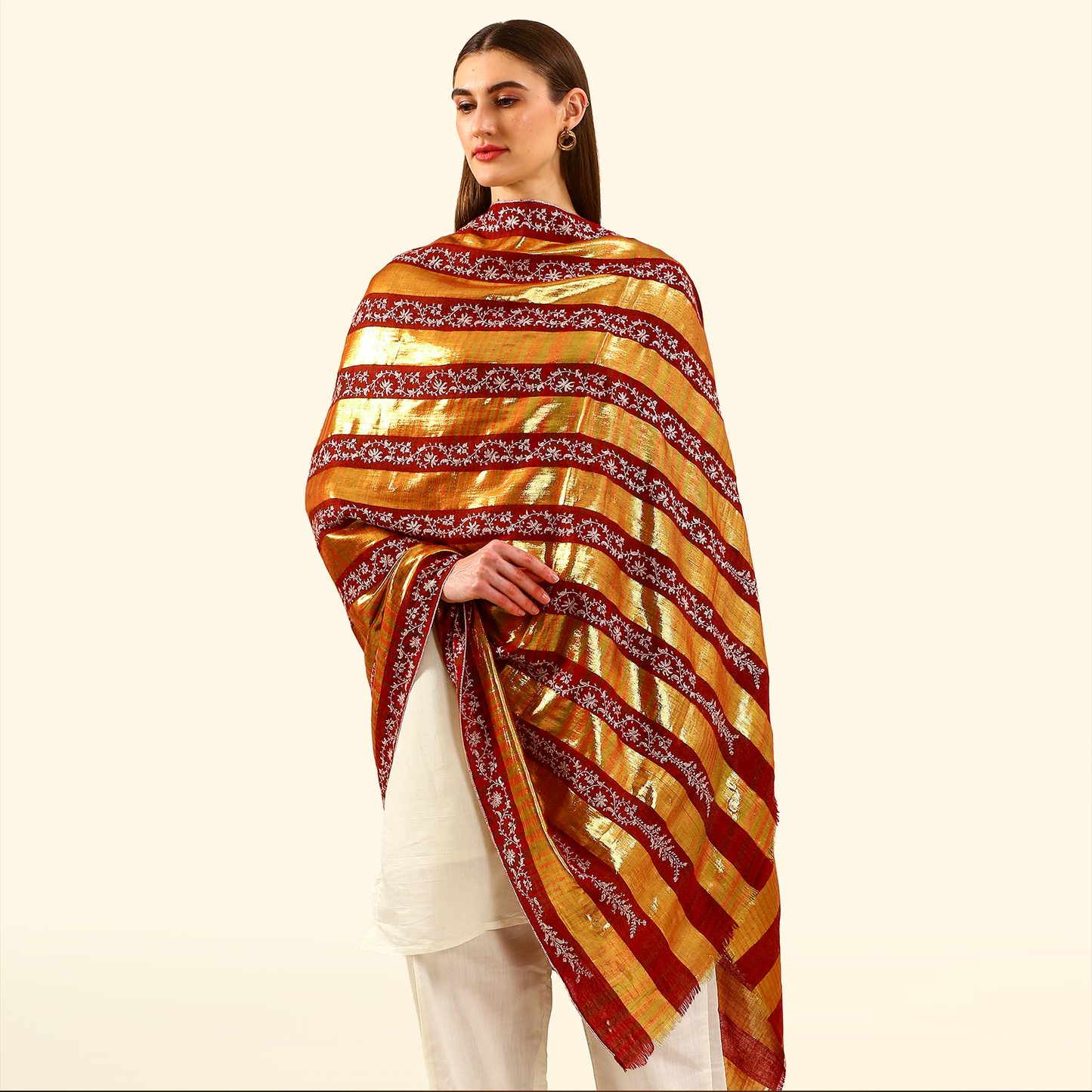 Pashmina Zari Stripes Shawl With Sozni Panel Embroidery - Gold