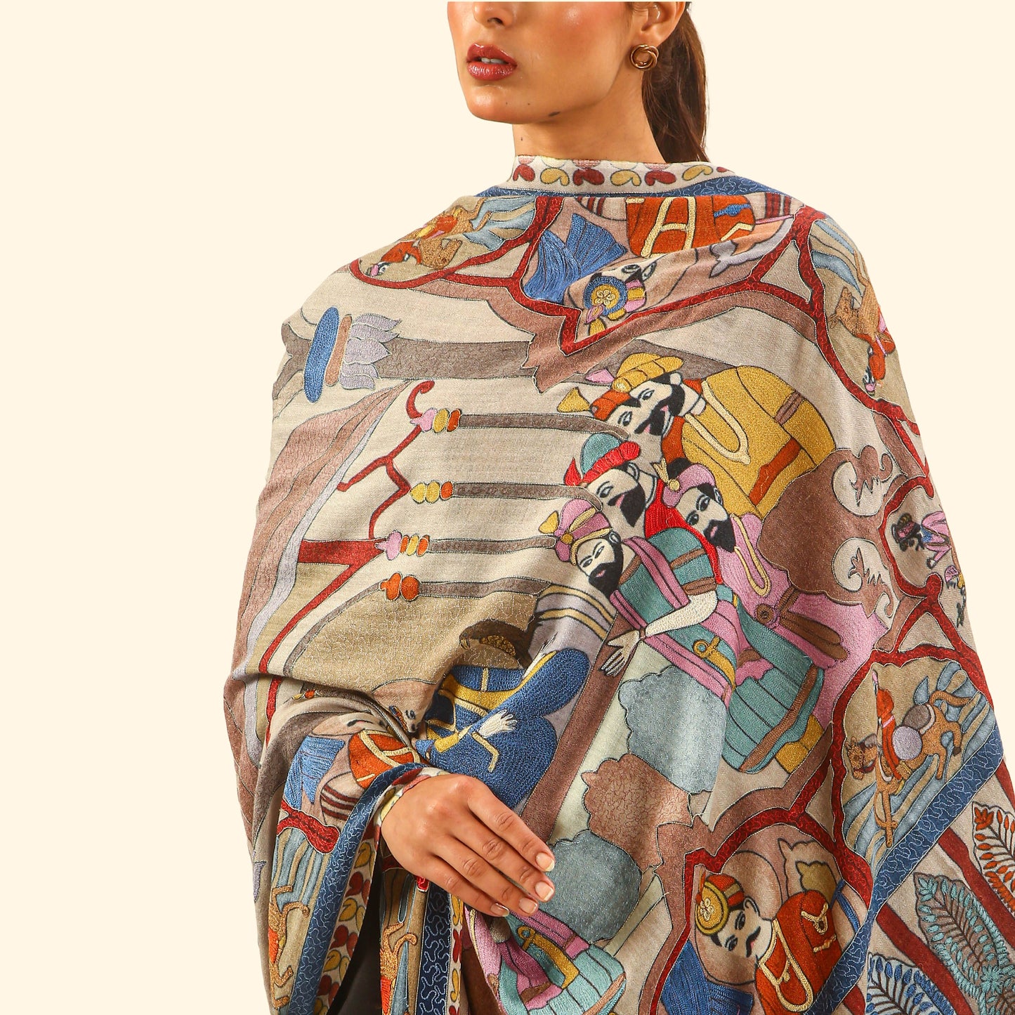 Cashmere Wool Kalamkari Intricate Embroidery Shawl - Seated Sovereign