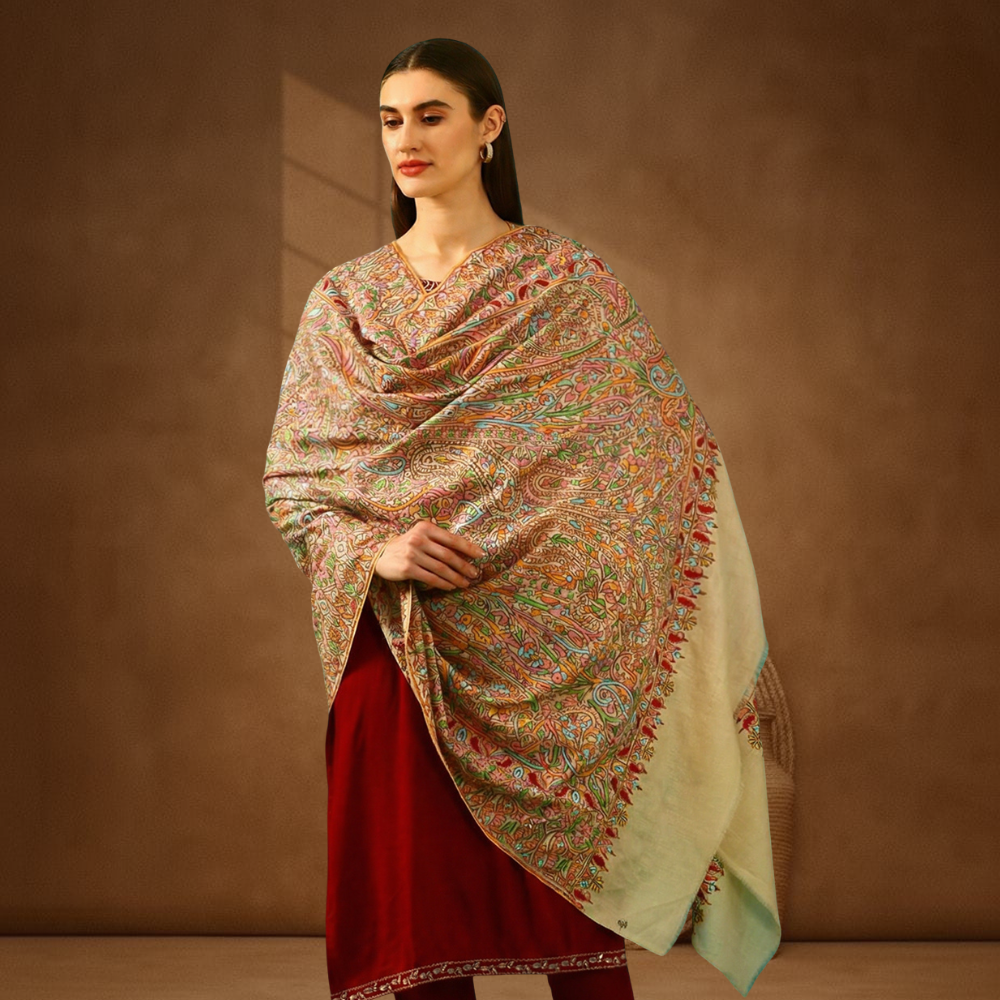 Paisley Design Paper Mache Sozni Jamawar Pashmina Shawl