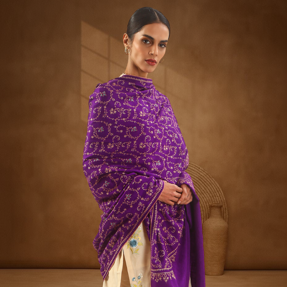 Pashmina Sozni Jali Shawl - Grape