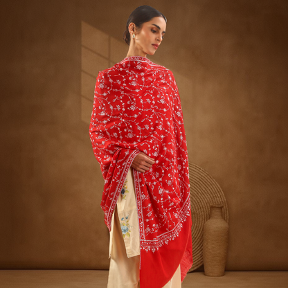 Pashmina Sozni Jali Shawl - Crimson