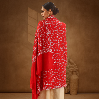 Pashmina Sozni Jali Shawl - Crimson