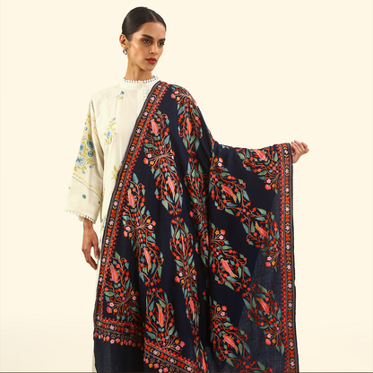 Handmade Kalamkari Shawl - Navy Blue Base