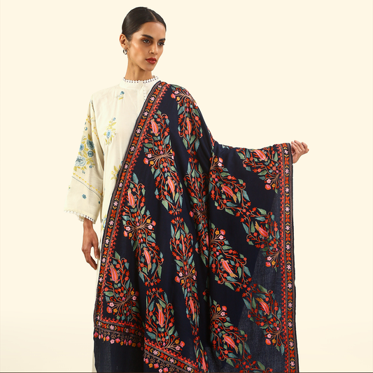 Handmade Kalamkari Shawl - Navy Blue Base