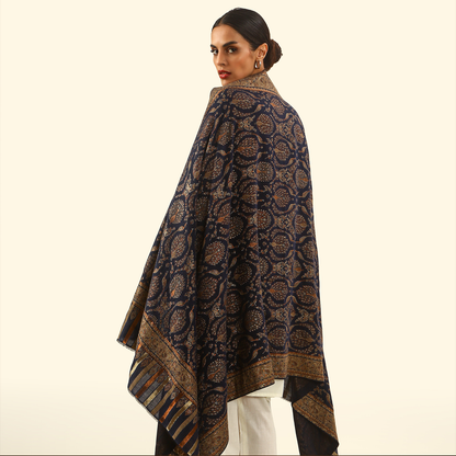 Cashmere Wool Zari Kani Shawl - Indigo