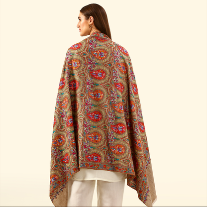 Pashmina Paper Mache Inspired Sozni Shawl - Sand