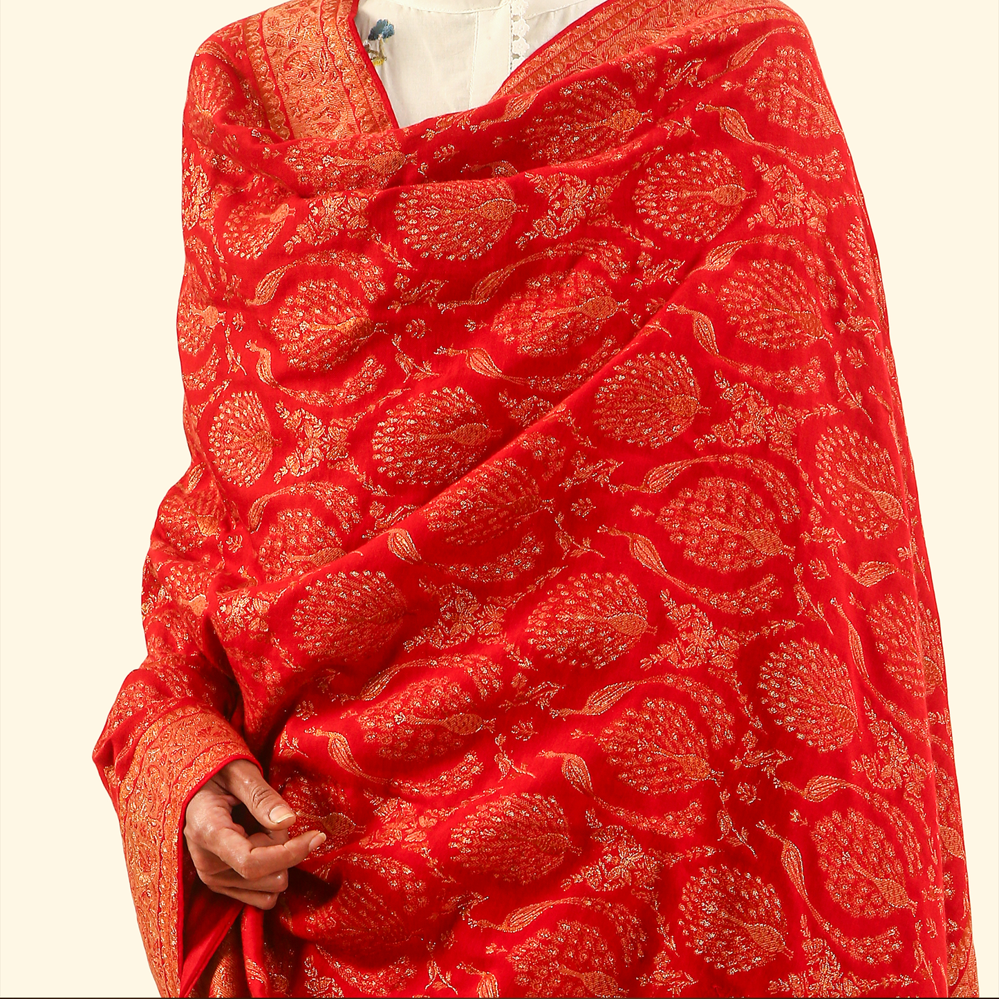 Cashmere Wool Zari Kani Shawl - Crimson