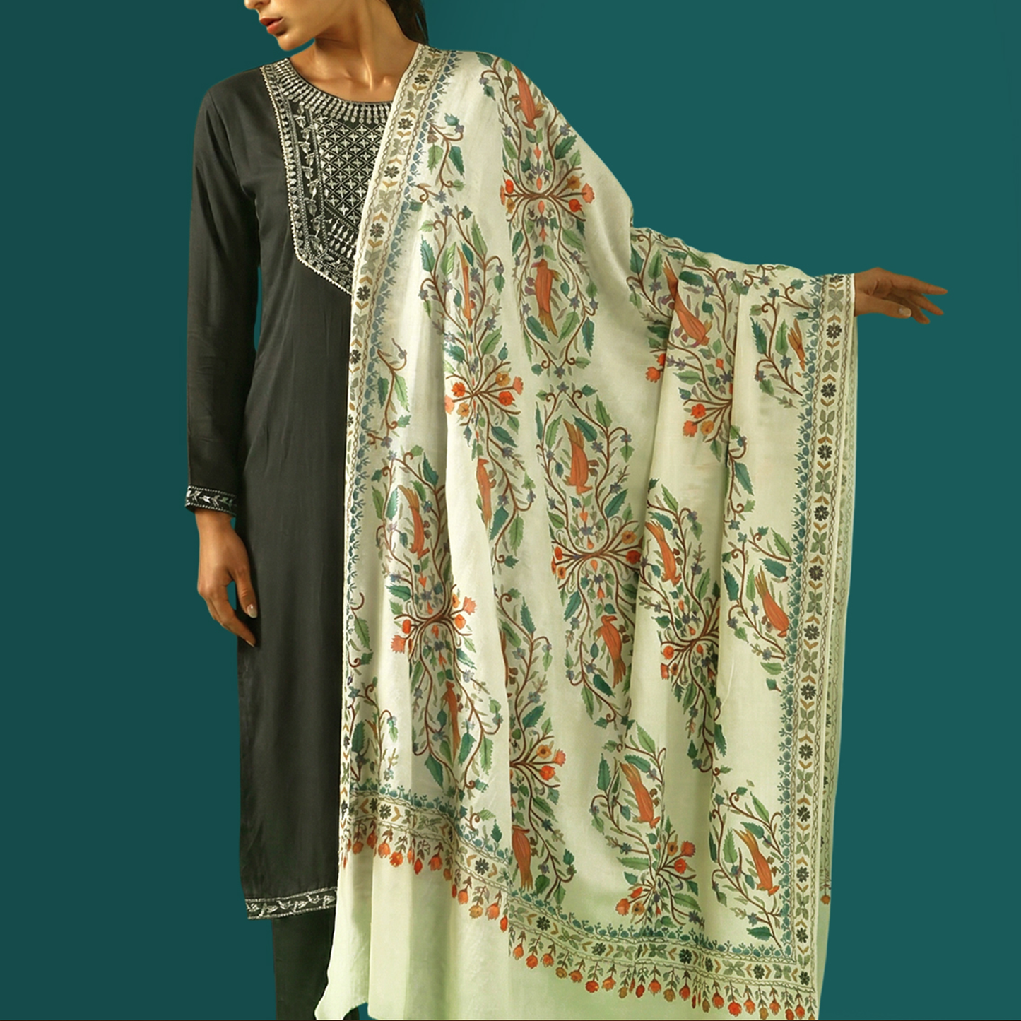 Handmade Kalamkari Shawl - White Base