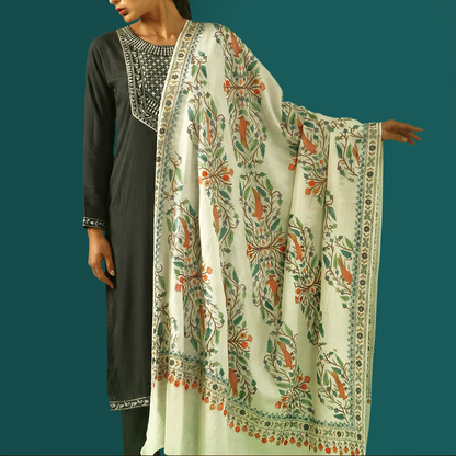 Handmade Kalamkari Shawl - White Base