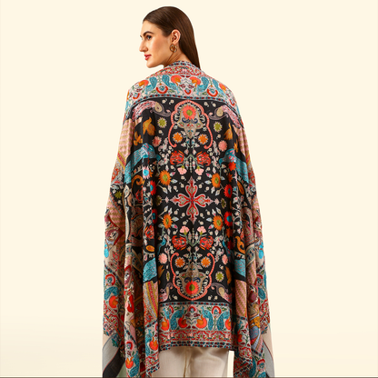 Cashmere Wool Kalamkari Intricate Embroidery Shawl - Midnight