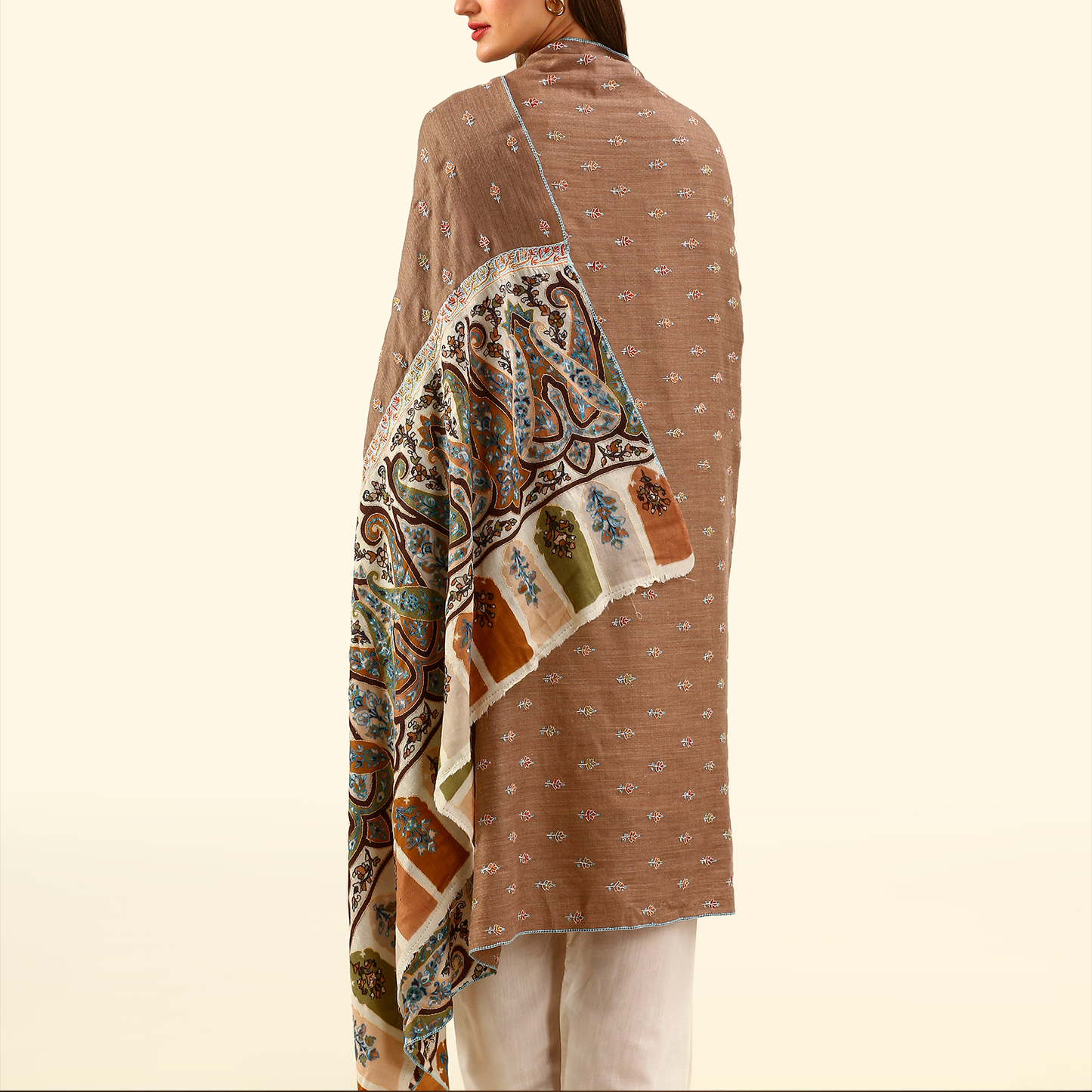 Cashmere Wool Sozni Embroidery Shawl - Ivory