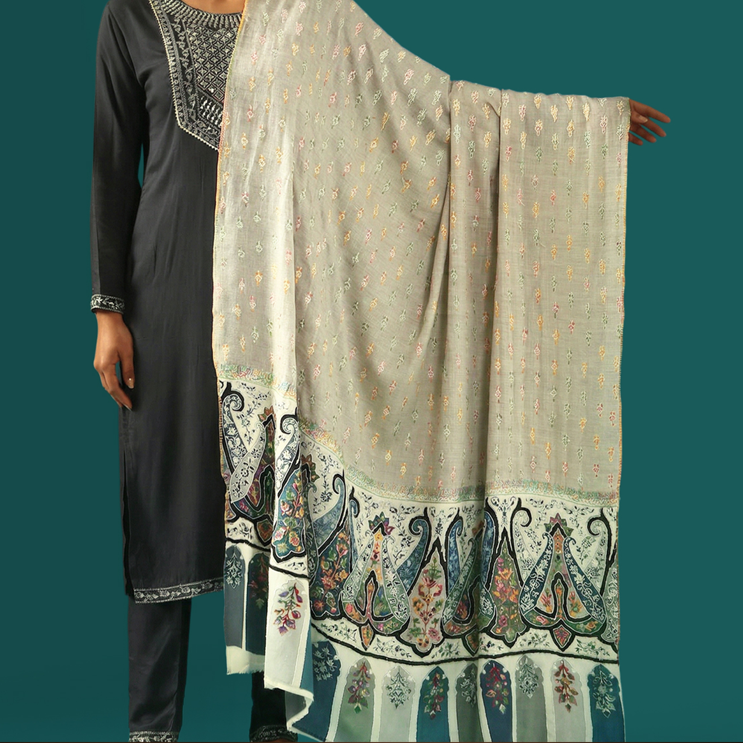 Cashmere Wool Sozni Embroidery Shawl - Dove Grey