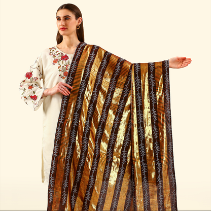 Pashmina Zari Stripes Shawl With Sozni Panel Embroidery - Gold