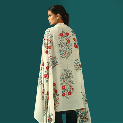 Cashmere Wool Sozni Embroidery Shawl - Crimson Bloom
