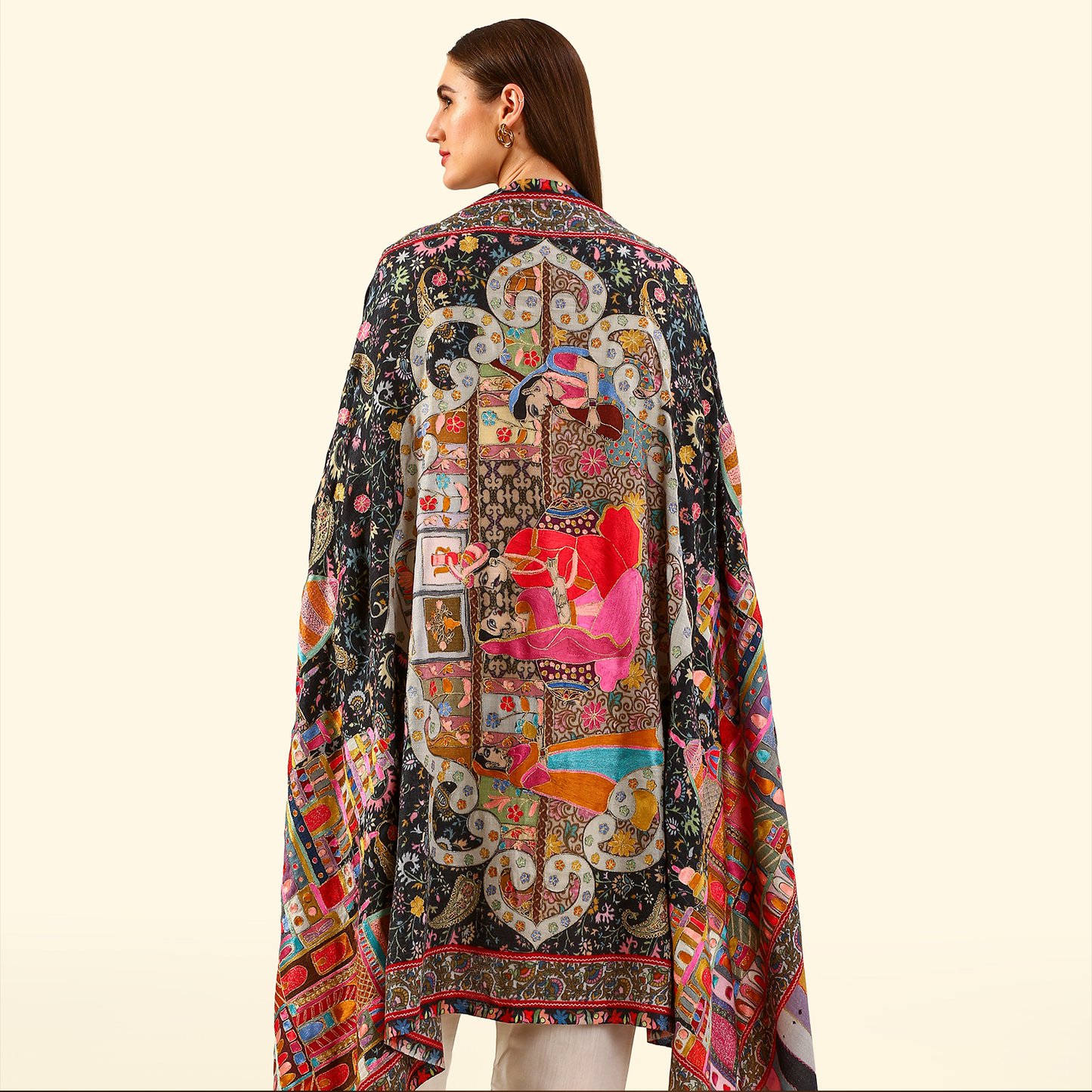 Cashmere Wool Kalamkari Intricate Embroidery Shawl - Taupe