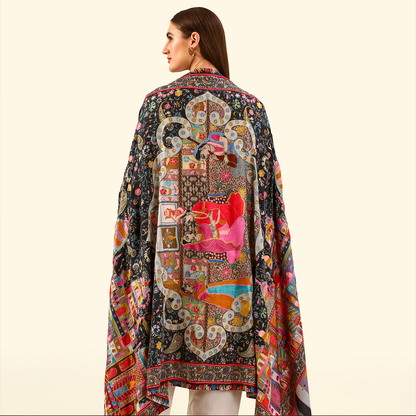 Cashmere Wool Kalamkari Intricate Embroidery Shawl - Taupe