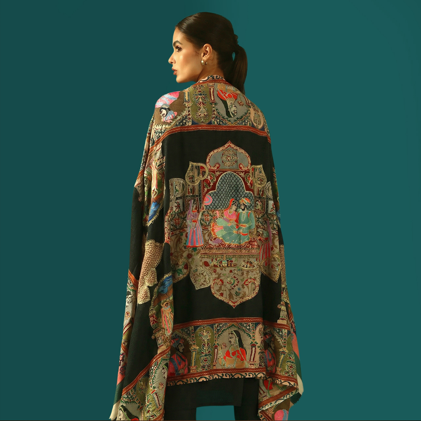 Cashmere Wool Kalamkari Intricate Embroidery Shawl - Gold