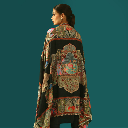 Cashmere Wool Kalamkari Intricate Embroidery Shawl - Gold