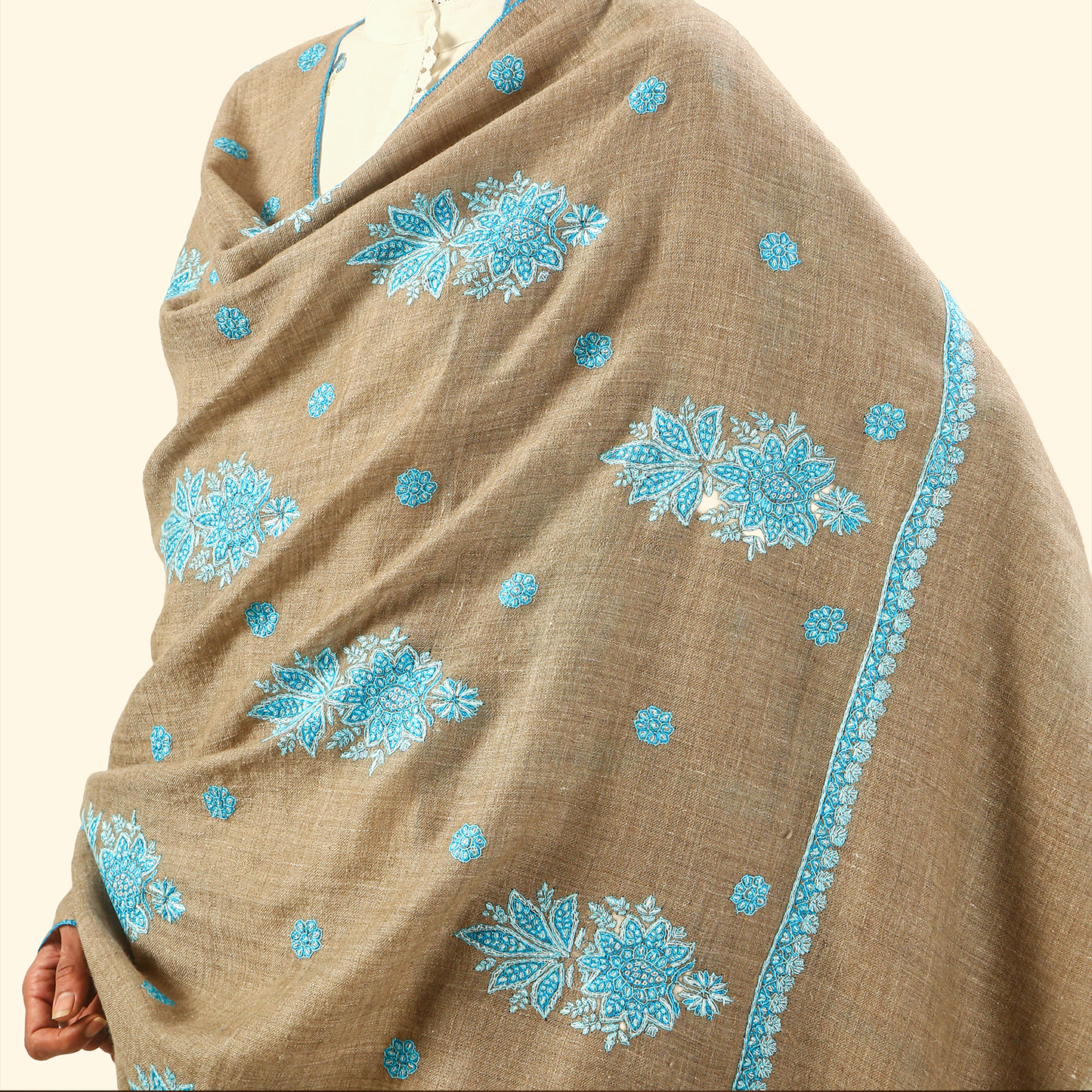 Pashmina Sozni Embroidery Shawl - Turquoise Bloom