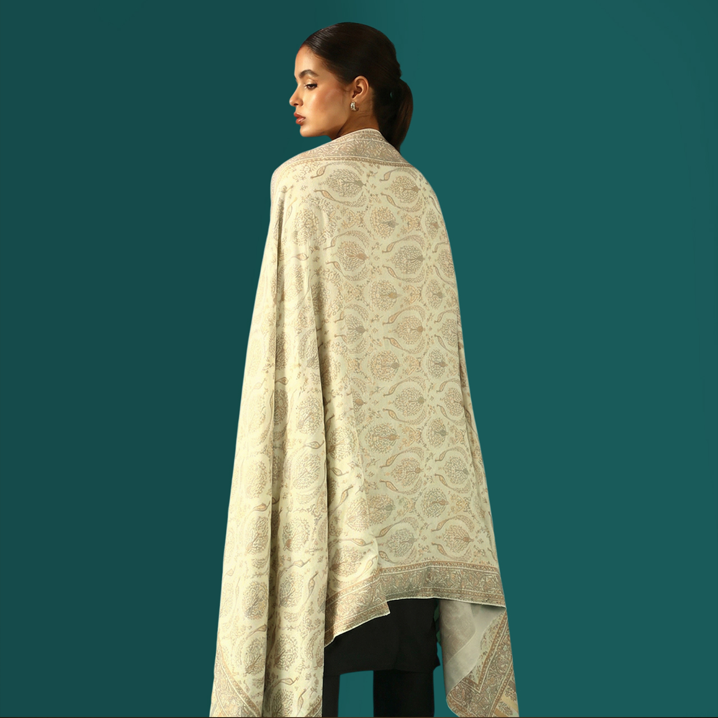 Cashmere Wool Zari Kani Shawl - Ivory