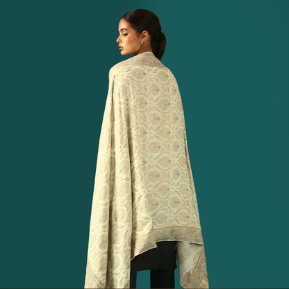 Cashmere Wool Zari Kani Shawl - Ivory