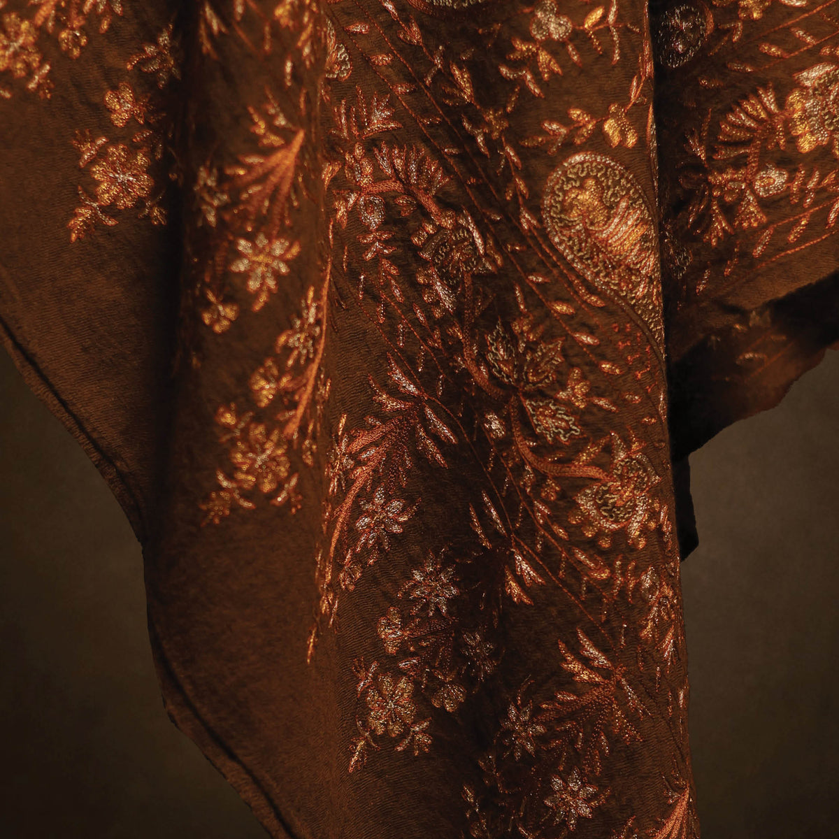 Zari Kalamkari Tobacco Brown Pashmina Shawl