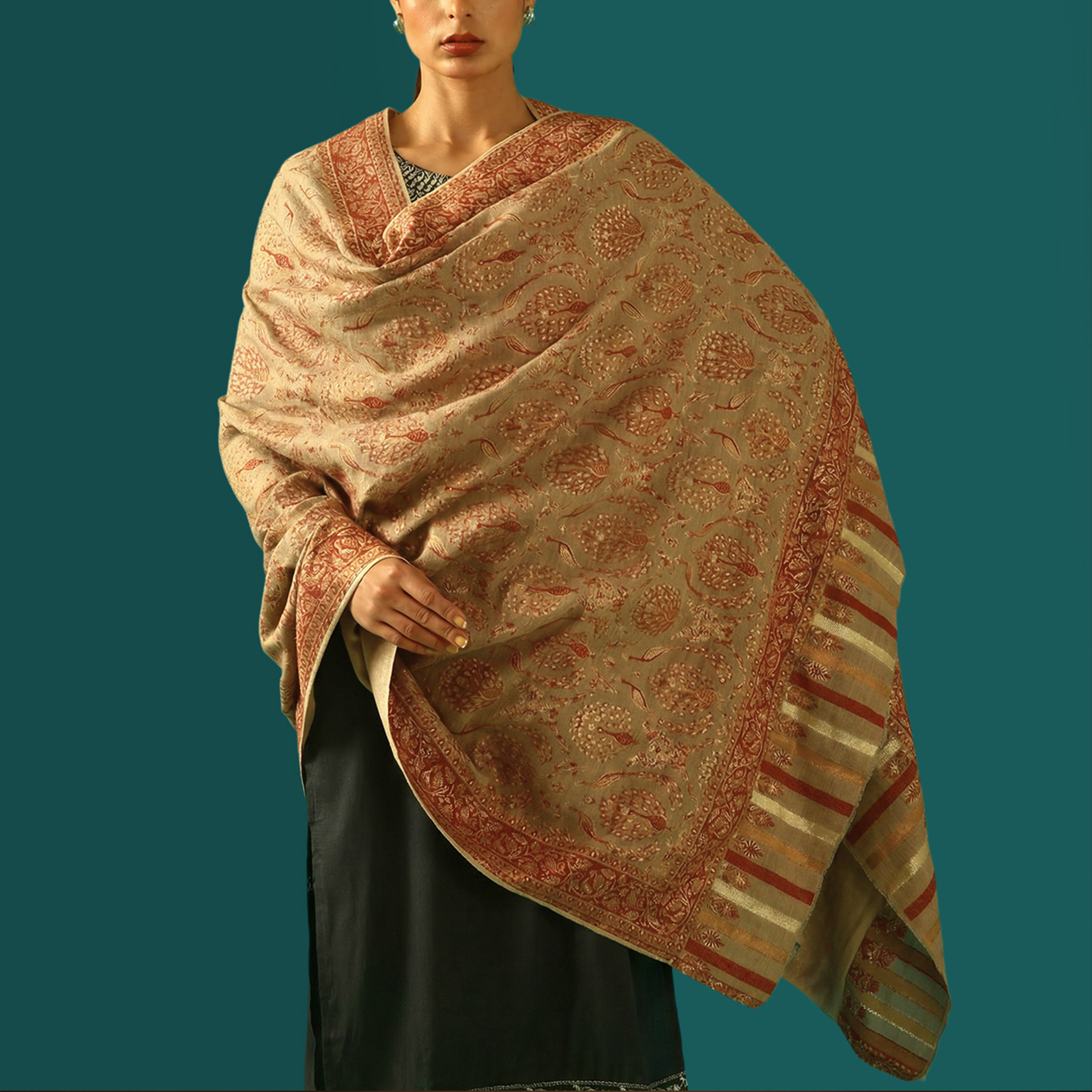 Cashmere Wool Zari Kani Shawl - Golden Sand