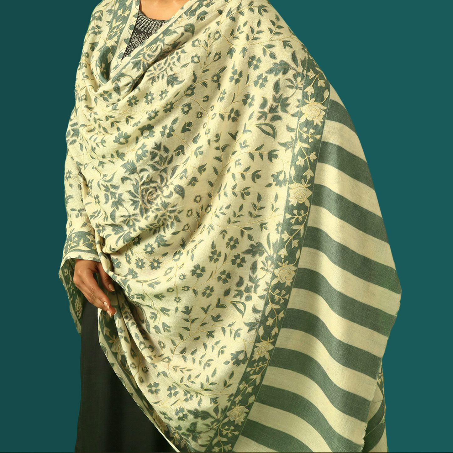 Cashmere Wool Kalamkari Intricate Embroidery Shawl - Sage