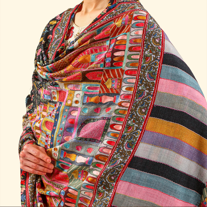 Cashmere Wool Kalamkari Intricate Embroidery Shawl - Taupe