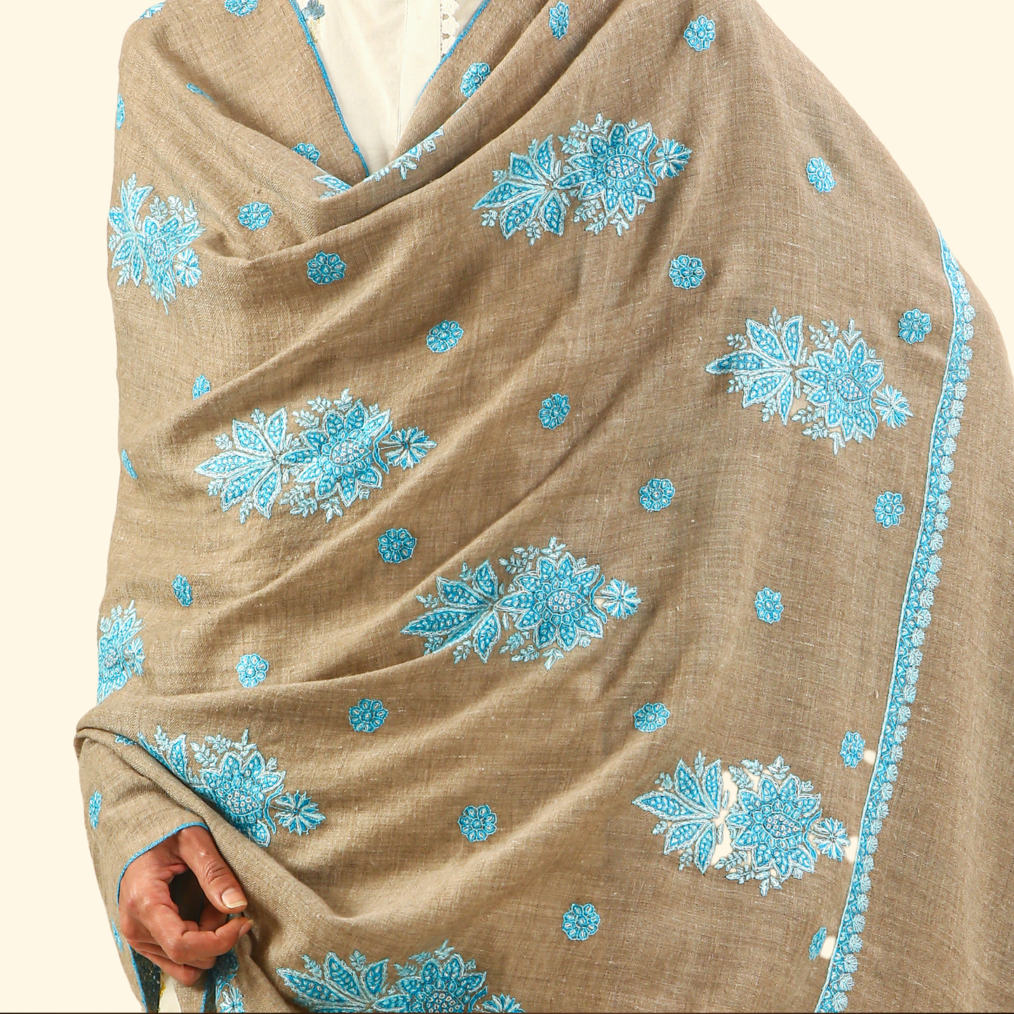 Pashmina Sozni Embroidery Shawl - Turquoise Bloom