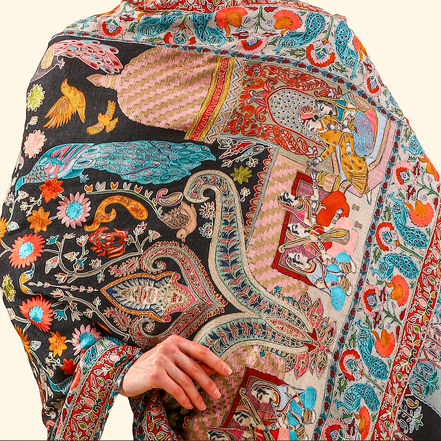 Cashmere Wool Kalamkari Intricate Embroidery Shawl - Midnight