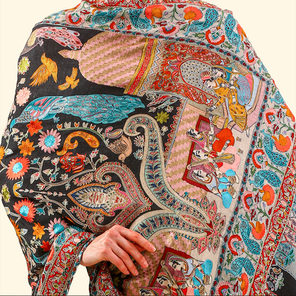 Cashmere Wool Kalamkari Intricate Embroidery Shawl - Midnight