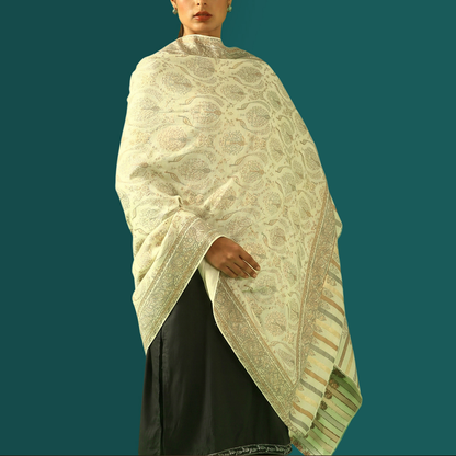 Cashmere Wool Zari Kani Shawl - Ivory