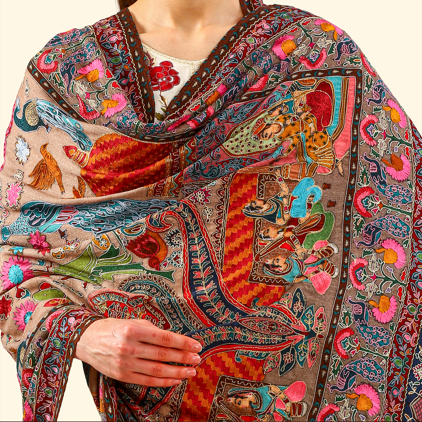 Cashmere Wool Kalamkari Intricate Embroidery Shawl
