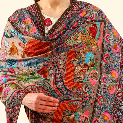 Cashmere Wool Kalamkari Intricate Embroidery Shawl