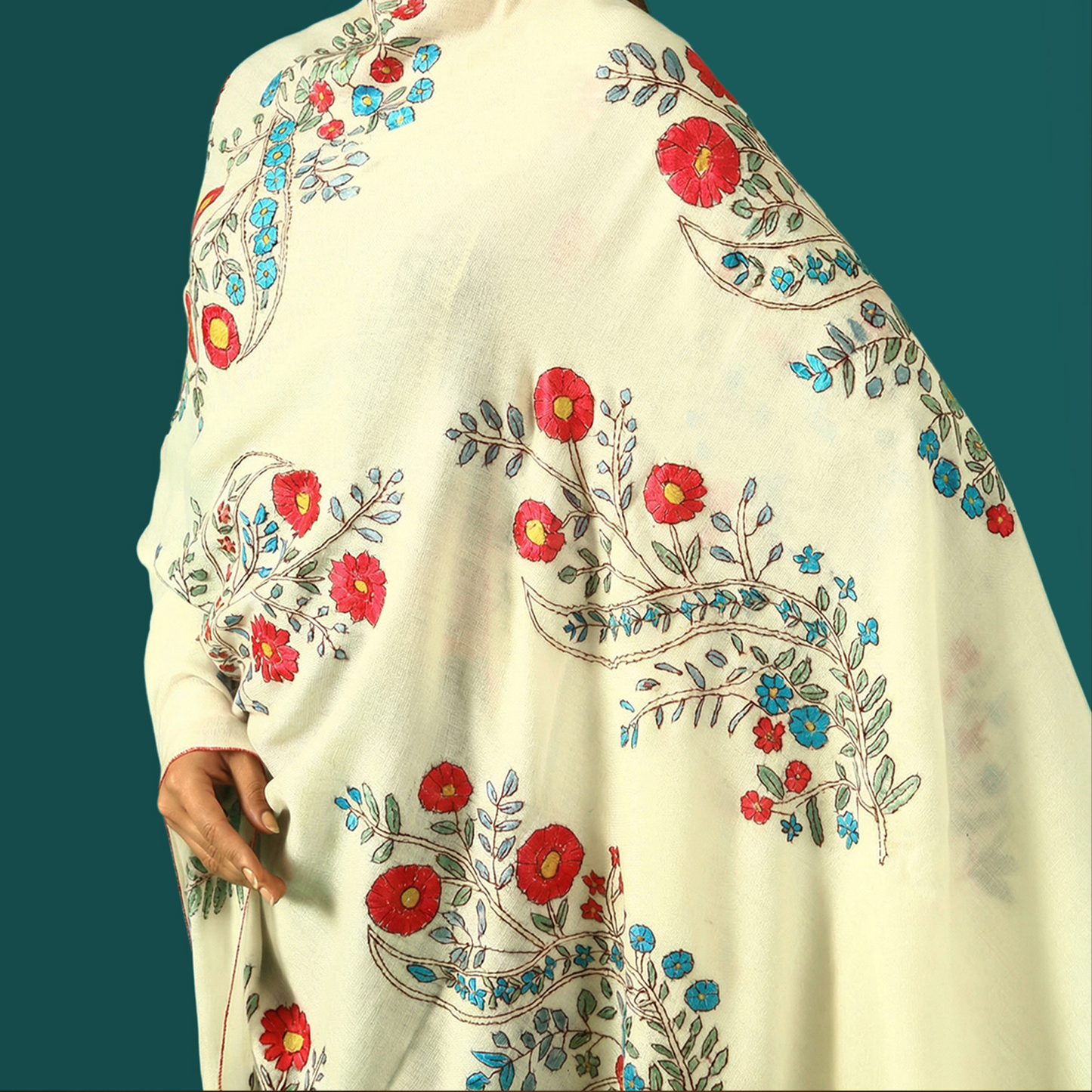 Cashmere Wool Sozni Embroidery Shawl - Crimson Bloom