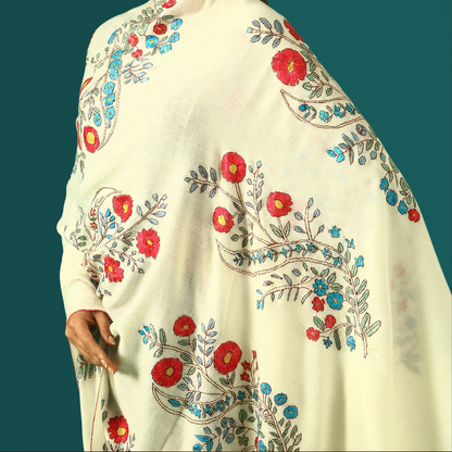 Cashmere Wool Sozni Embroidery Shawl - Crimson Bloom