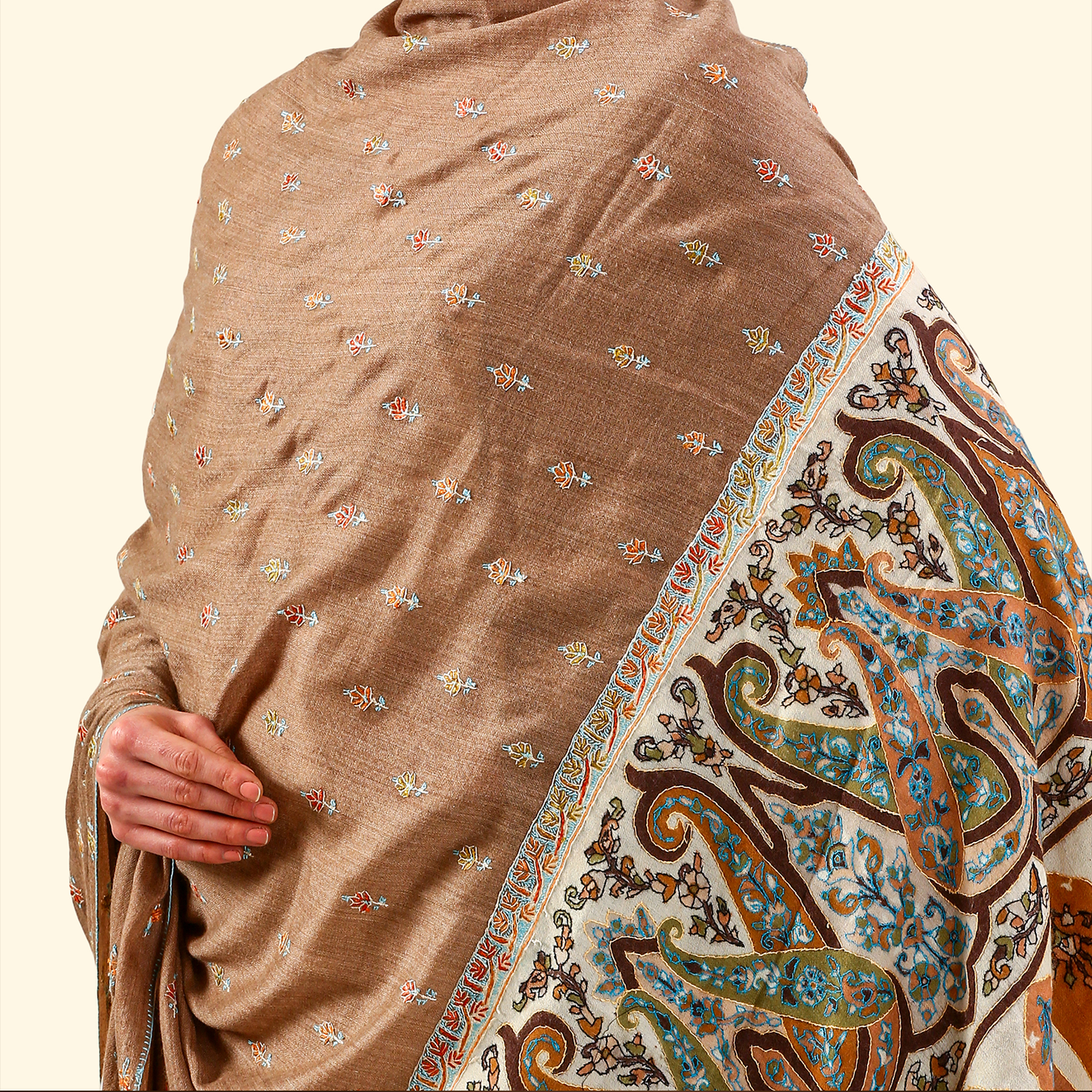 Cashmere Wool Sozni Embroidery Shawl - Ivory