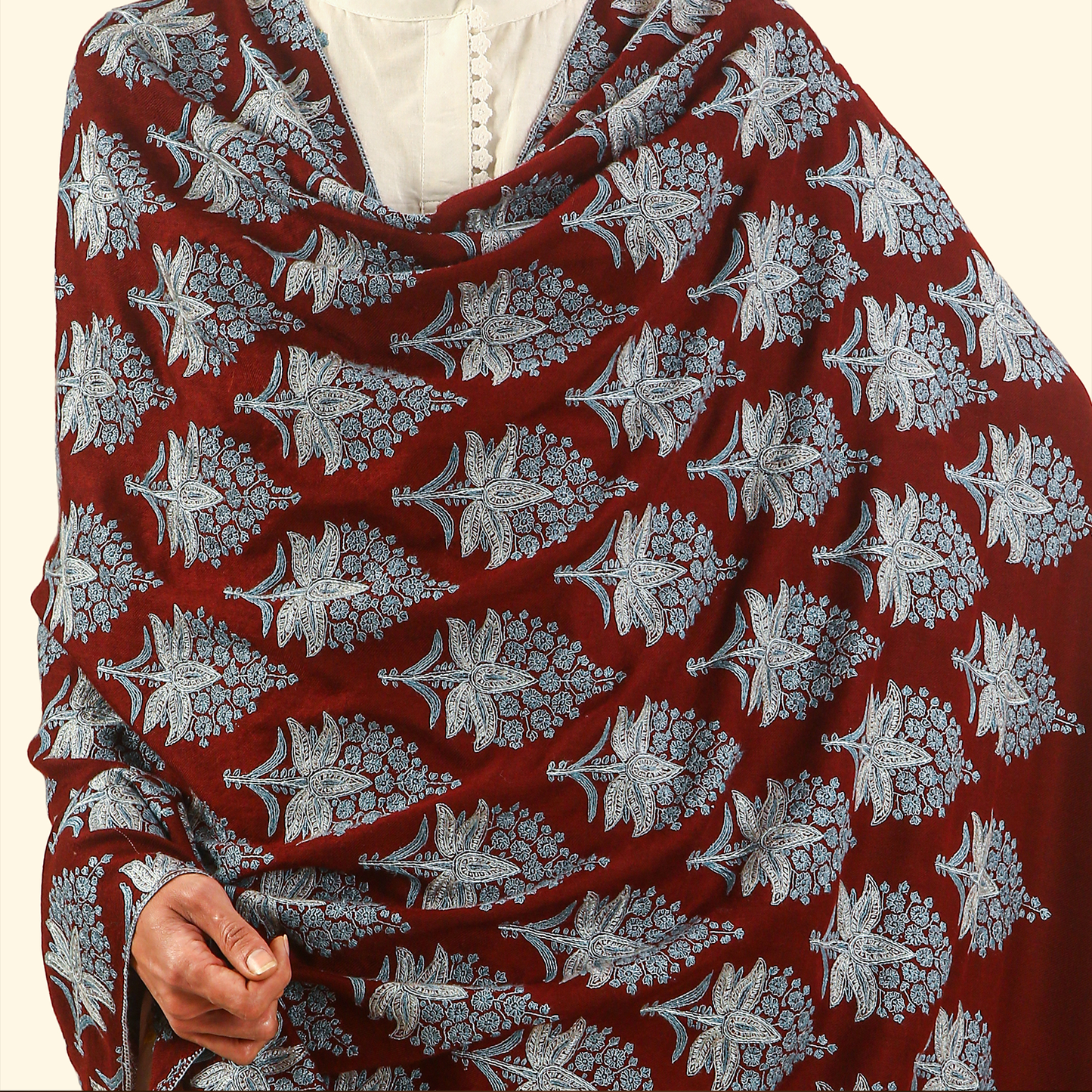 Pashmina Sozni Embroidery Shawl - Maroon Leaf