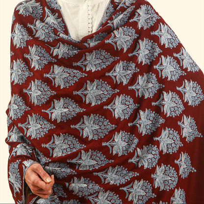 Pashmina Sozni Embroidery Shawl - Maroon Leaf