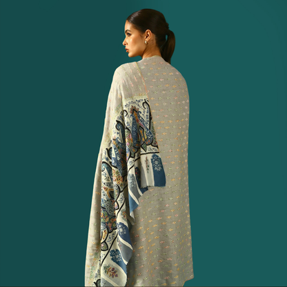 Cashmere Wool Sozni Embroidery Shawl - Dove Grey