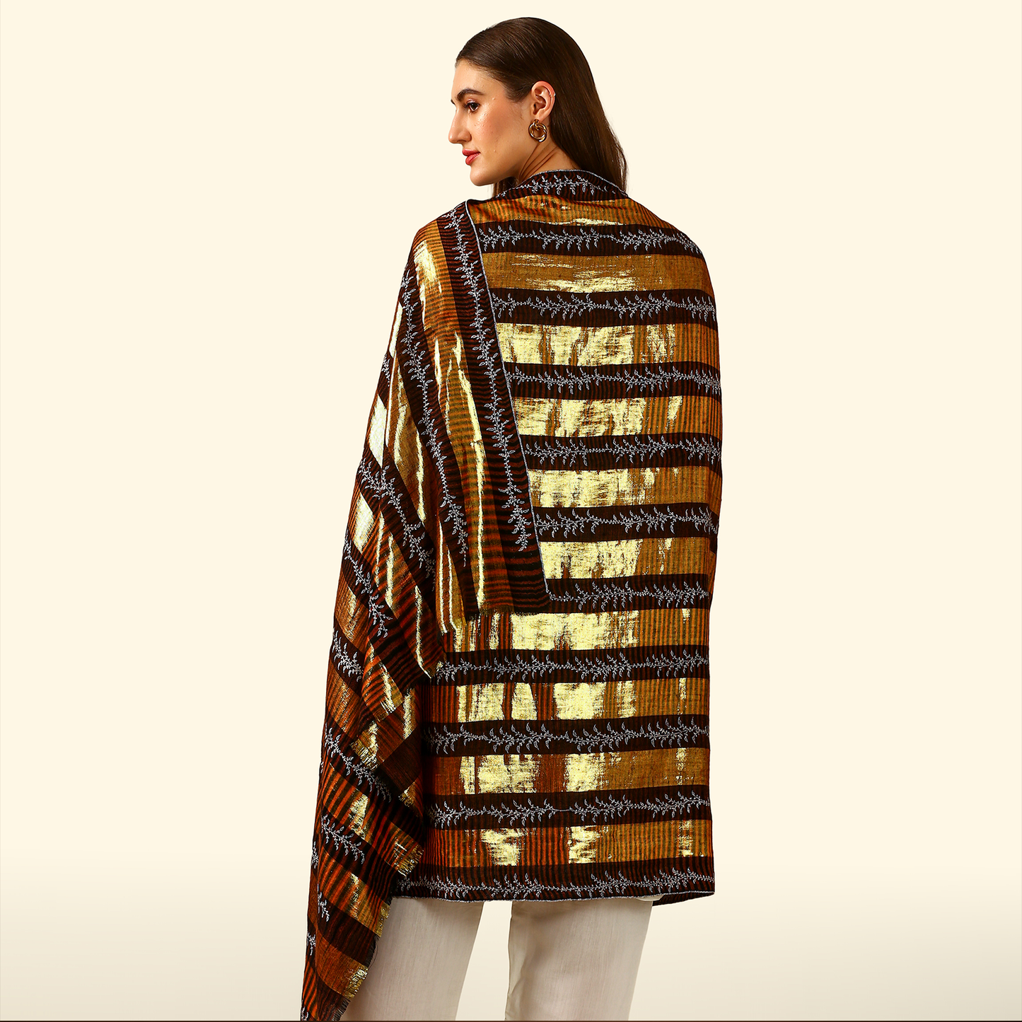 Pashmina Zari Stripes Shawl With Sozni Panel Embroidery - Gold
