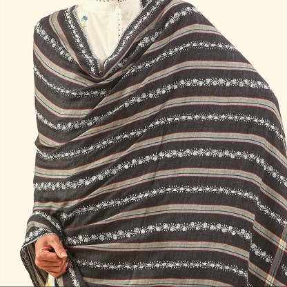 Cashmere Wool Sozni Embroidery Shawl - Ebony Striped