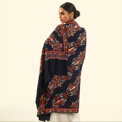 Handmade Kalamkari Shawl - Navy Blue Base