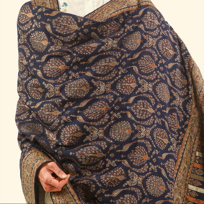 Cashmere Wool Zari Kani Shawl - Indigo