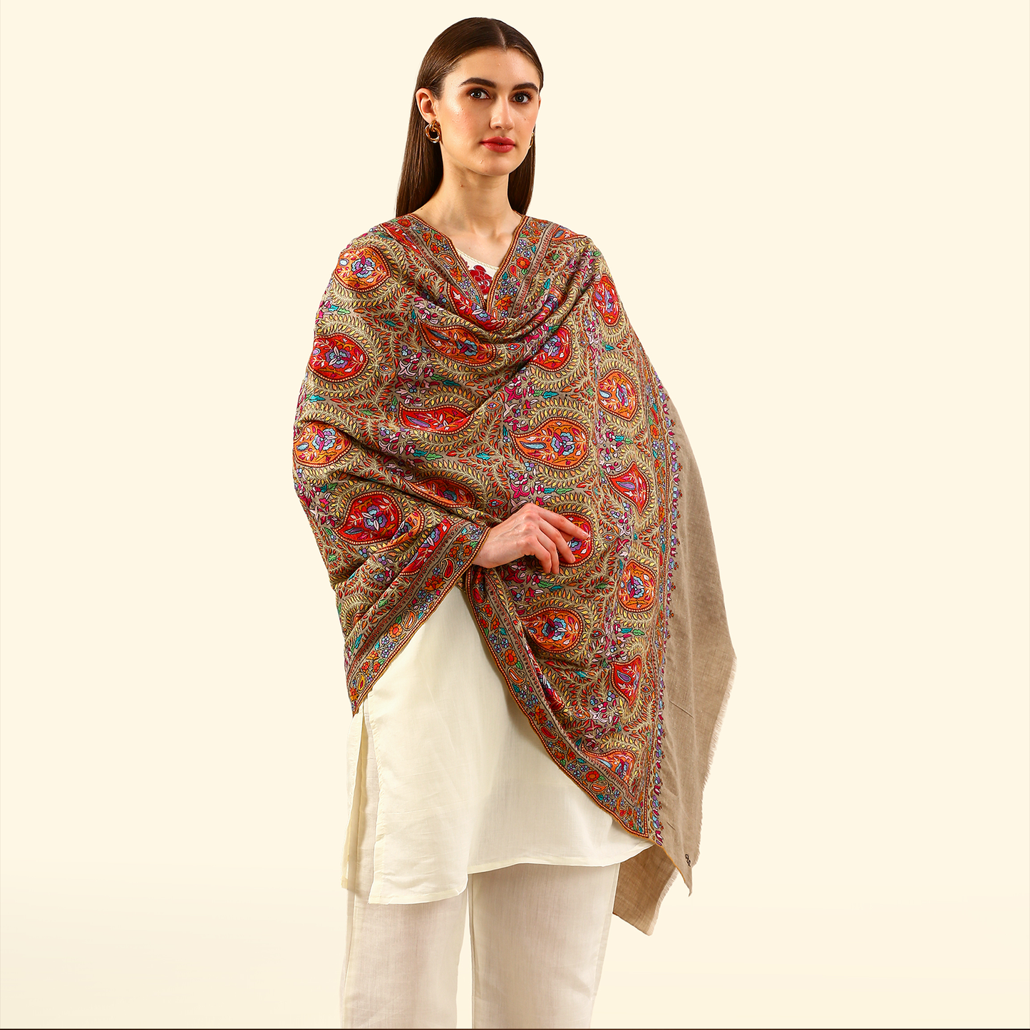 Pashmina Paper Mache Inspired Sozni Shawl - Sand